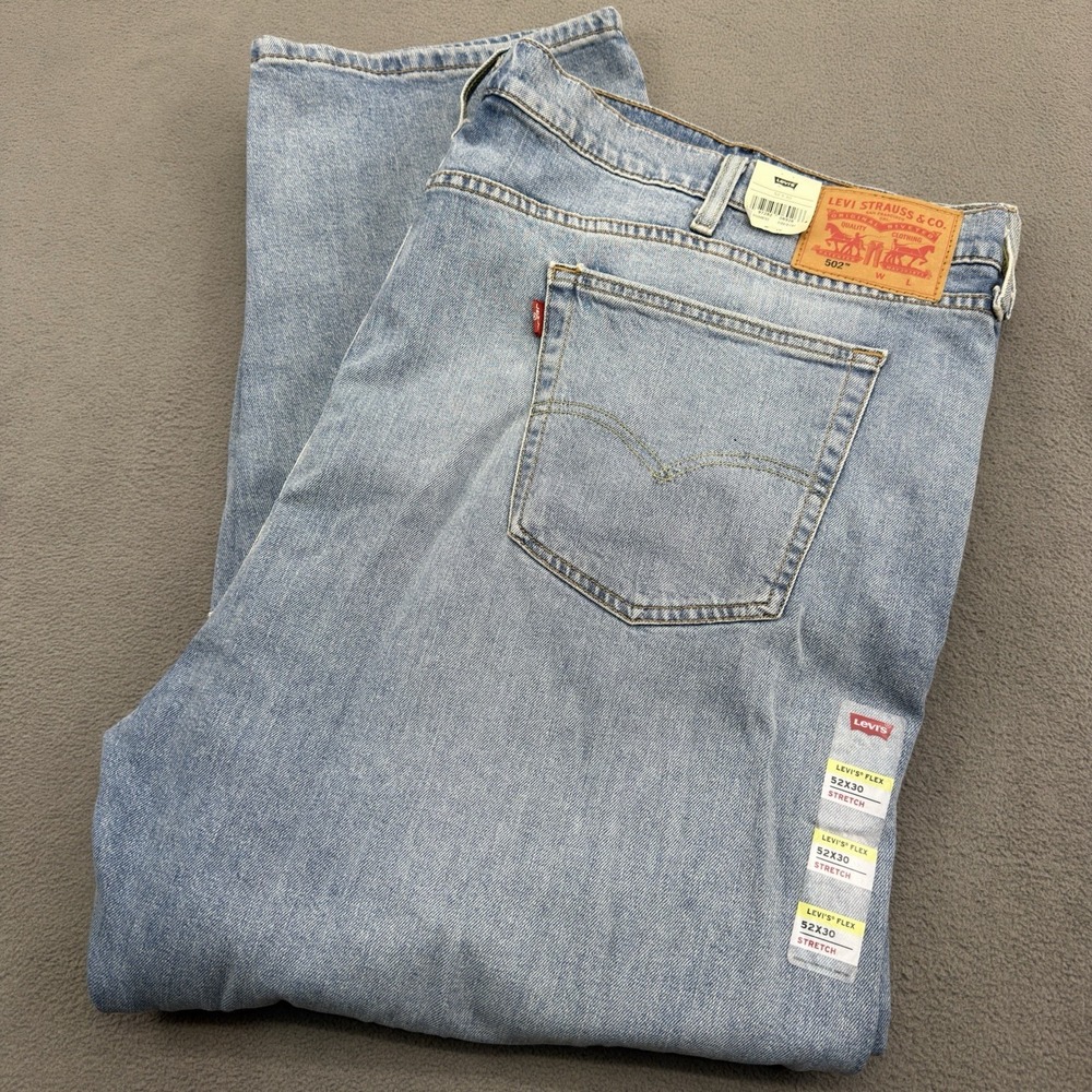 Levis 502 Taper Jeans Mens 52x29 Big & Tall Stretch Blue Denim Light Wash NEW